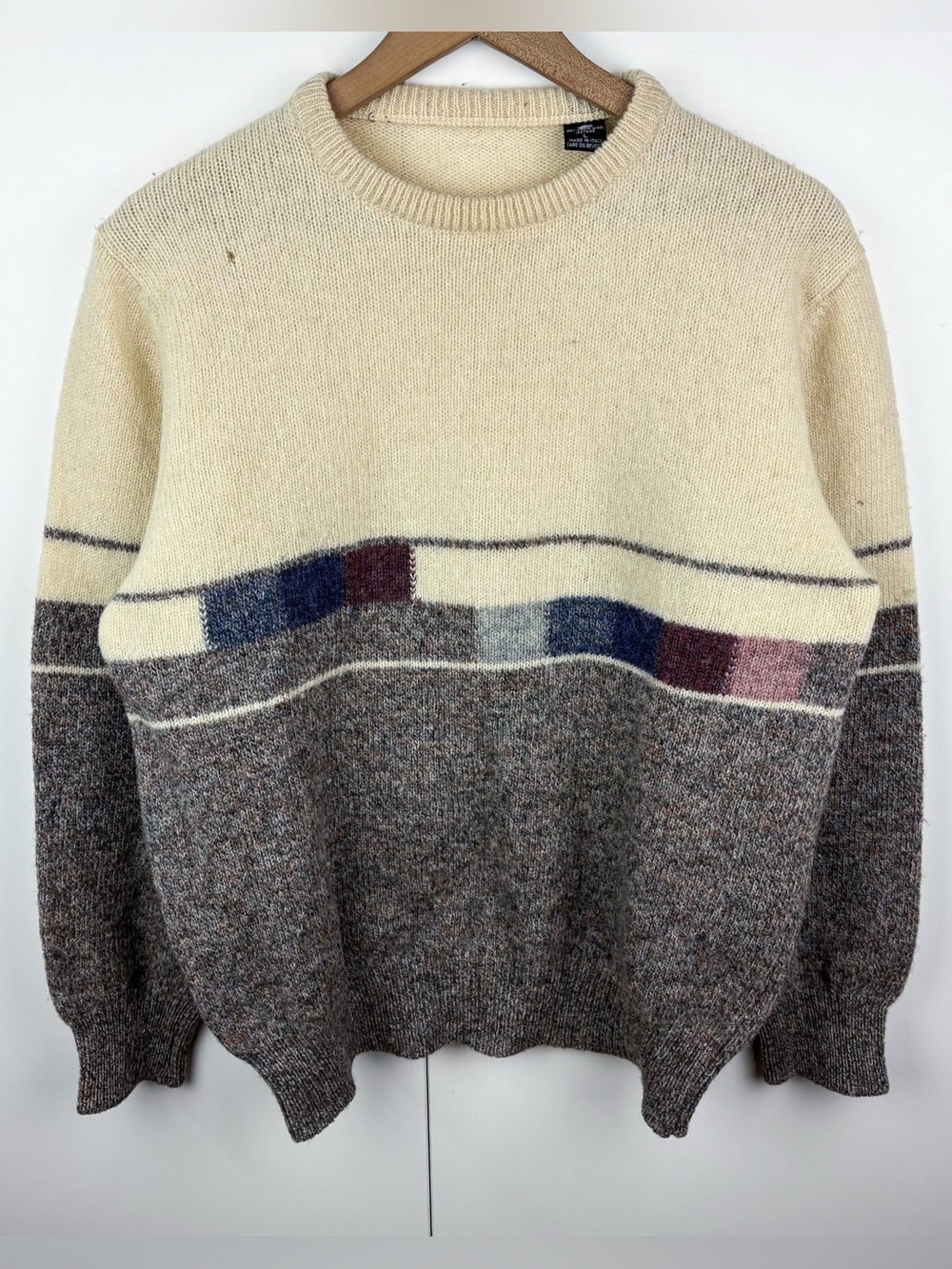 Vintage 100% Wool Made in Italy Abstract Colorblock Stripe Crew Sweater Large